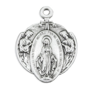 Miraculous Medal Necklace with Angel Border, Sterling Silver