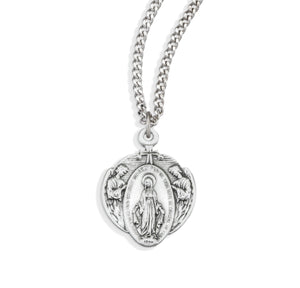 Miraculous Medal Necklace with Angel Border, Sterling Silver
