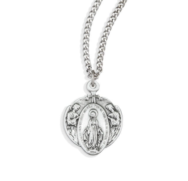 Miraculous Medal Necklace with Angel Border, Sterling Silver