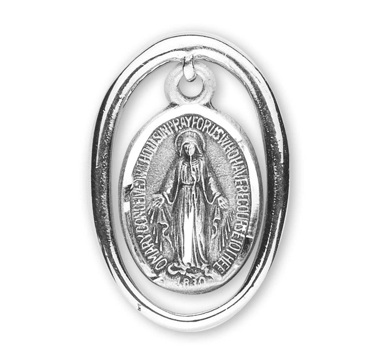 Heavy Small Double-Sided Oval Miraculous Medal Necklace, Sterling Silver