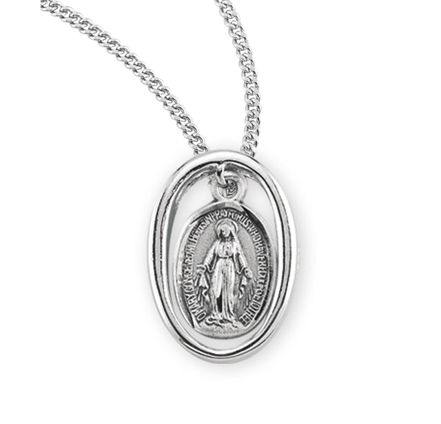 Heavy Small Double-Sided Oval Miraculous Medal Necklace, Sterling Silver