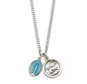 Blue Enamel Miraculous and Cherub Medal Necklace, Sterling Silver