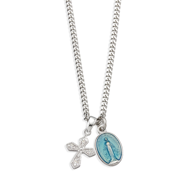 Blue Enamel Miraculous Medal and Small Cross Necklace, Sterling Silver