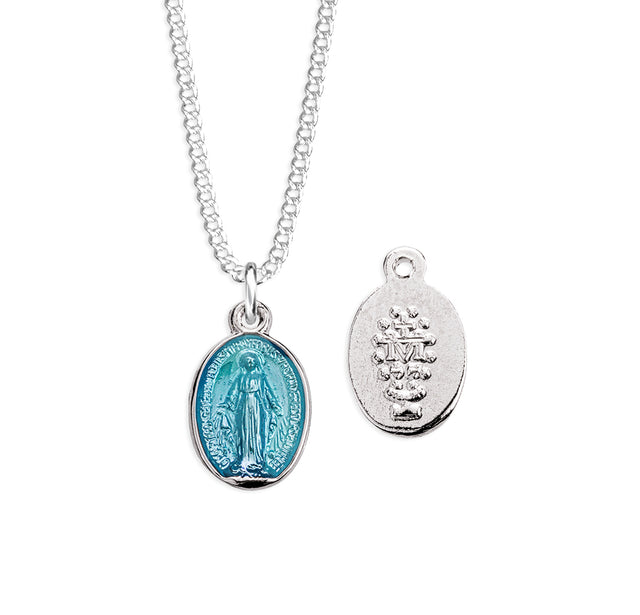 Petite Double-Sided Oval Blue Enameled Miraculous Medal Necklace, Sterling Silver