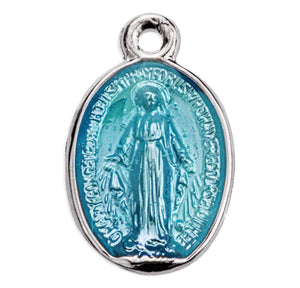 Petite Double-Sided Oval Blue Enameled Miraculous Medal Necklace, Sterling Silver