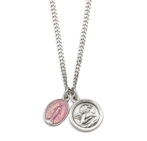 Pink Enamel Miraculous and Cherub Medal Necklace, Sterling Silver