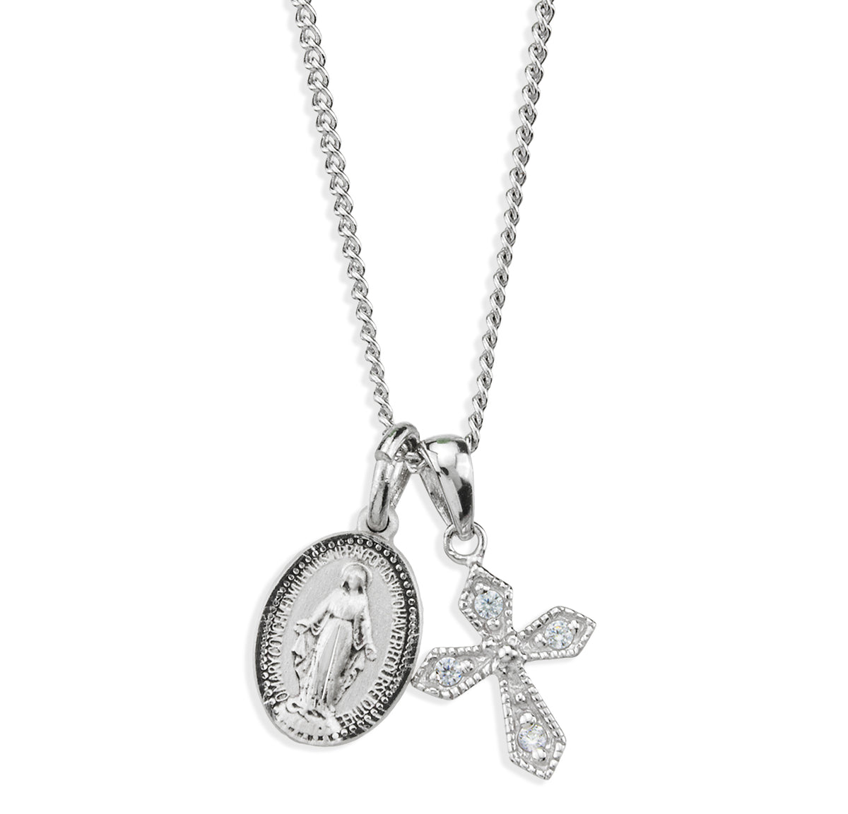 Crystal Small Miraculous Medal and Small Cross Necklace, Sterling Silver