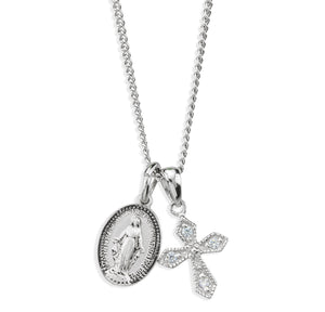 Crystal Small Miraculous Medal and Small Cross Necklace, Sterling Silver