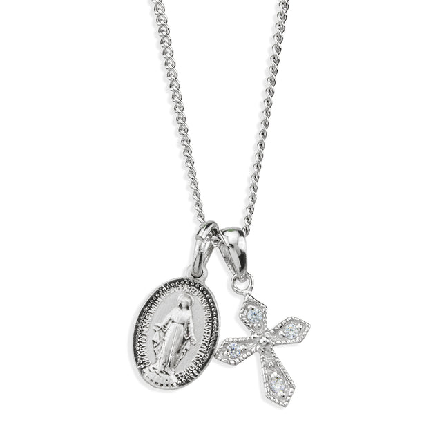 Crystal Small Miraculous Medal and Small Cross Necklace, Sterling Silver