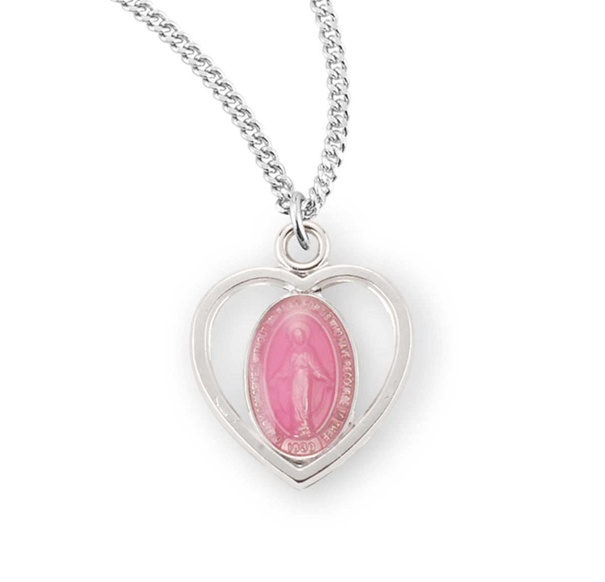 Pink Enameled Miraculous Medal Necklace, Sterling Silver