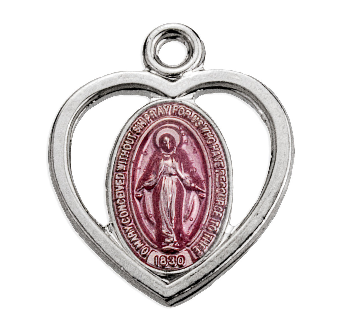 Pink Enameled Miraculous Medal Necklace, Sterling Silver