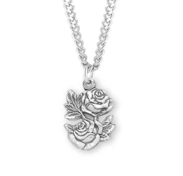 Double Rose Bud Triple Slide Medal Necklace, Sterling Silver