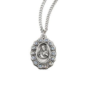 Scapular Medal Necklace with Clear Crystals, Sterling Silver