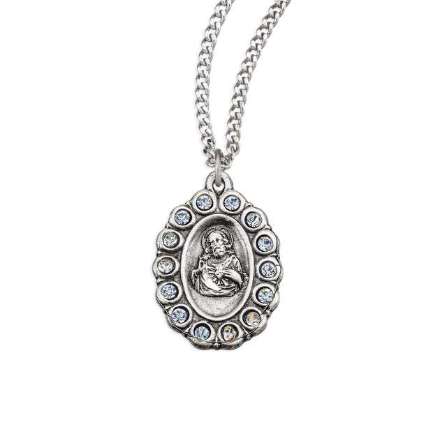Scapular Medal Necklace with Clear Crystals, Sterling Silver