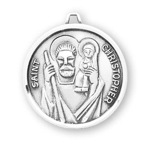 Saint Christopher Name Banner Round Medal Necklace, Sterling Silver