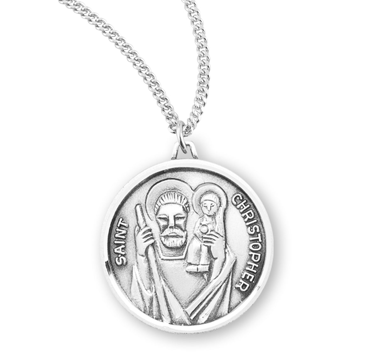 Saint Christopher Name Banner Round Medal Necklace, Sterling Silver