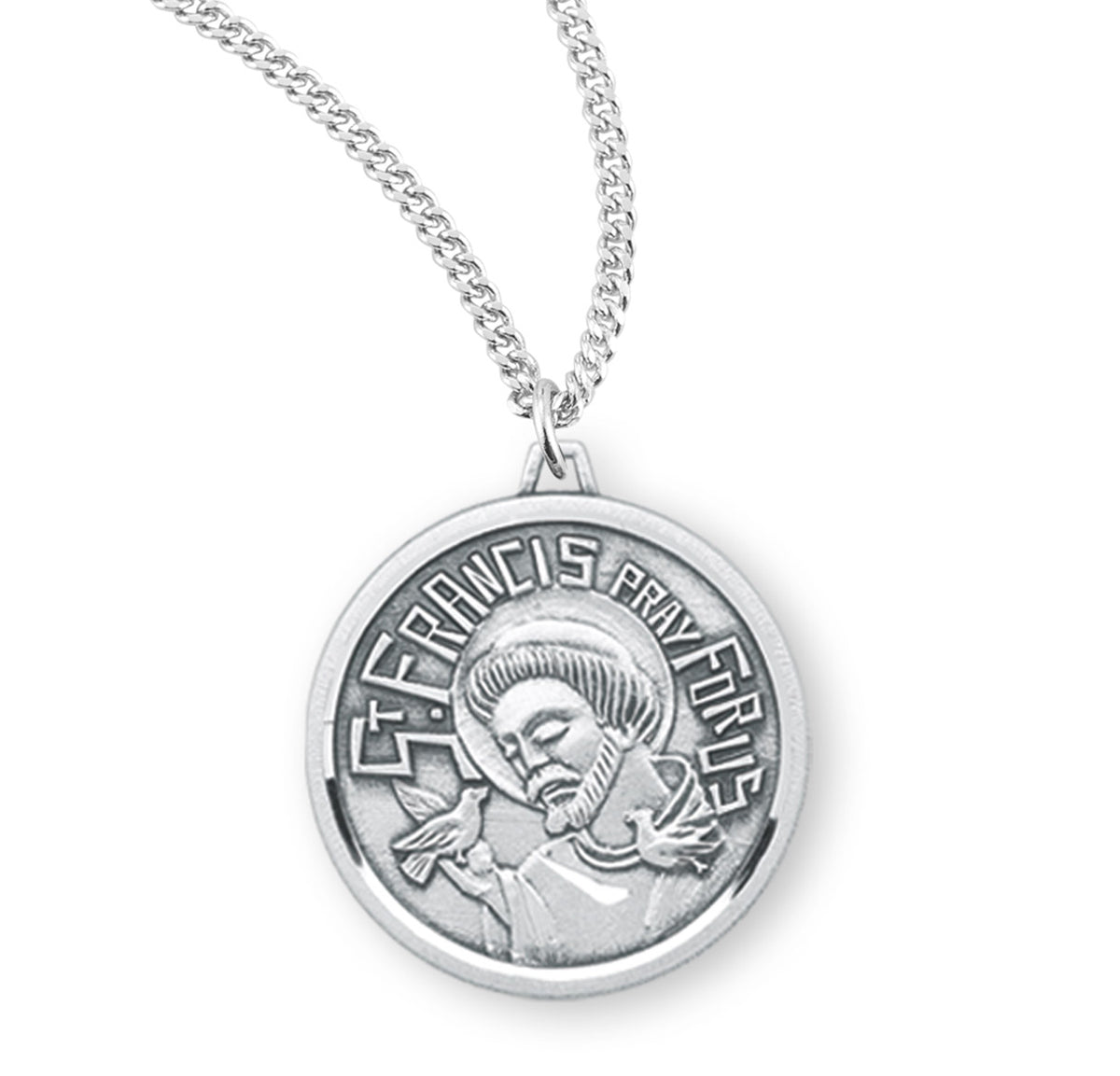 Saint Francis Round Contemporary Medal Necklace, Sterling Silver