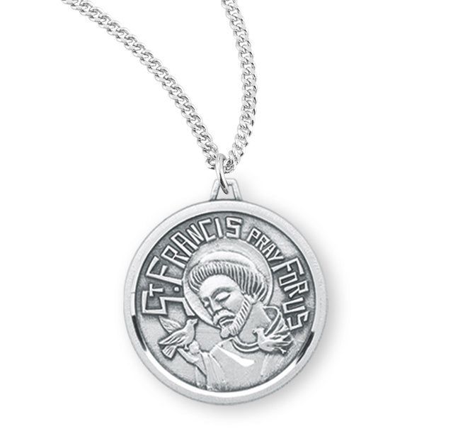 Saint Francis Round Contemporary Medal Necklace, Sterling Silver