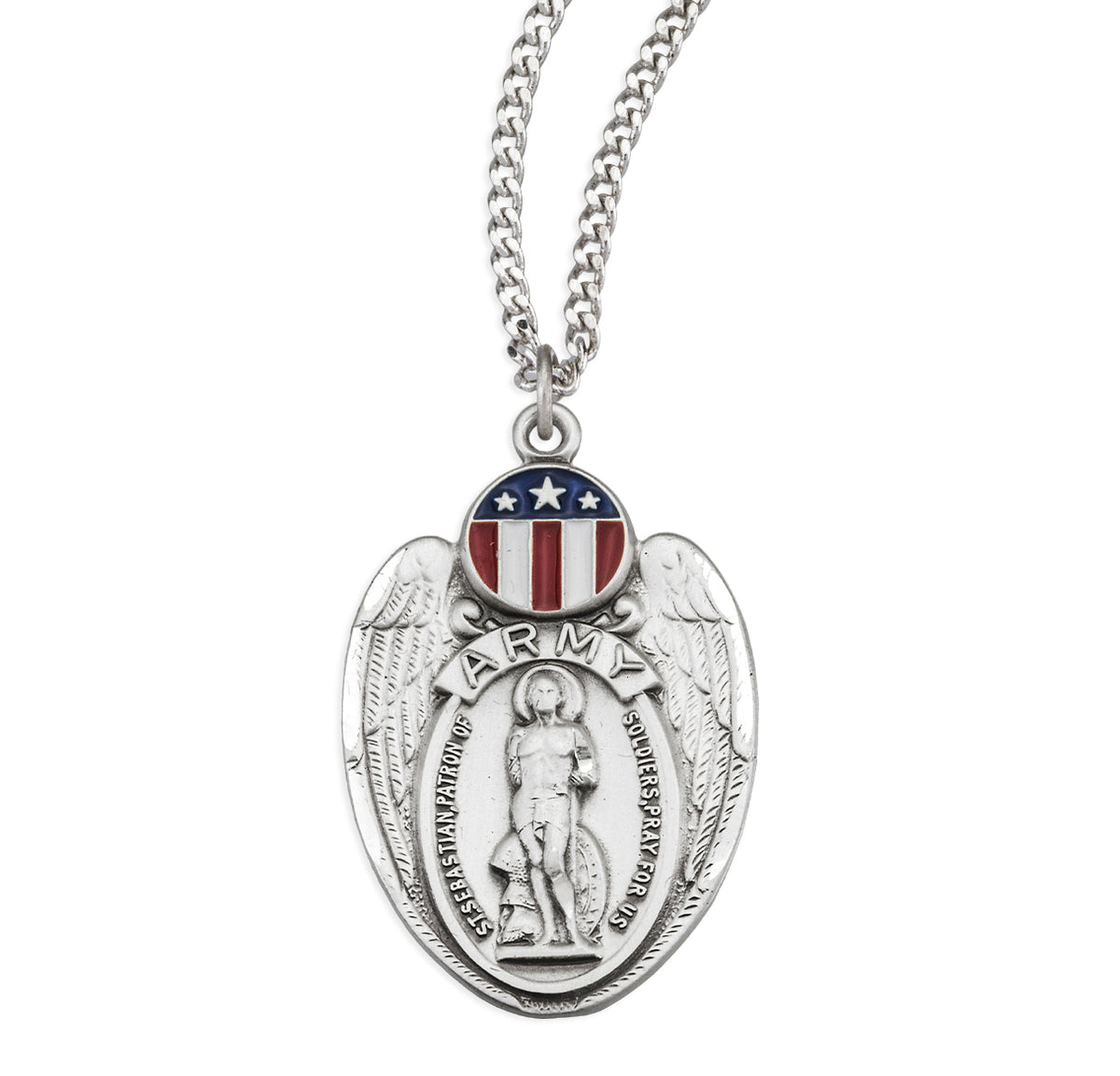 Saint Sebastian Army Shield Medal Necklace, Sterling Silver