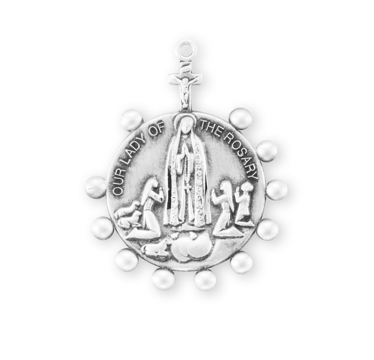 Our Lady of the Rosary Round Medal Necklace, Sterling Silver