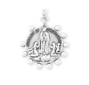 Our Lady of the Rosary Round Medal Necklace, Sterling Silver