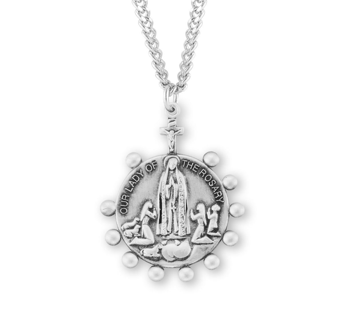Our Lady of the Rosary Round Medal Necklace, Sterling Silver
