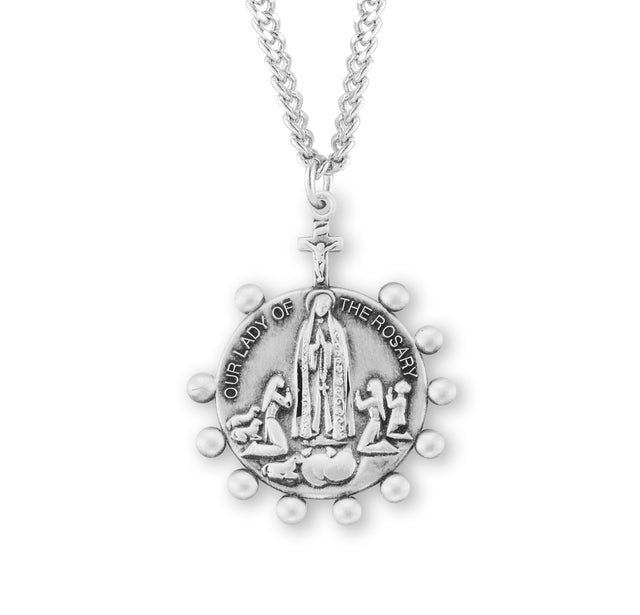 Our Lady of the Rosary Round Medal Necklace, Sterling Silver