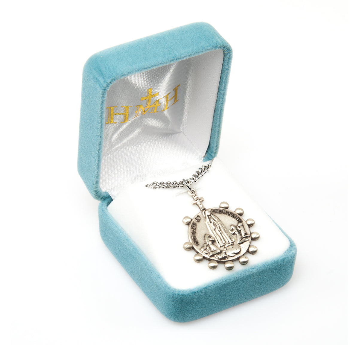 Our Lady of the Rosary Round Medal Necklace, Sterling Silver