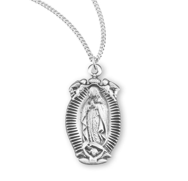 Heavy Large Our Lady of Guadalupe Medal Necklace, Sterling Silver