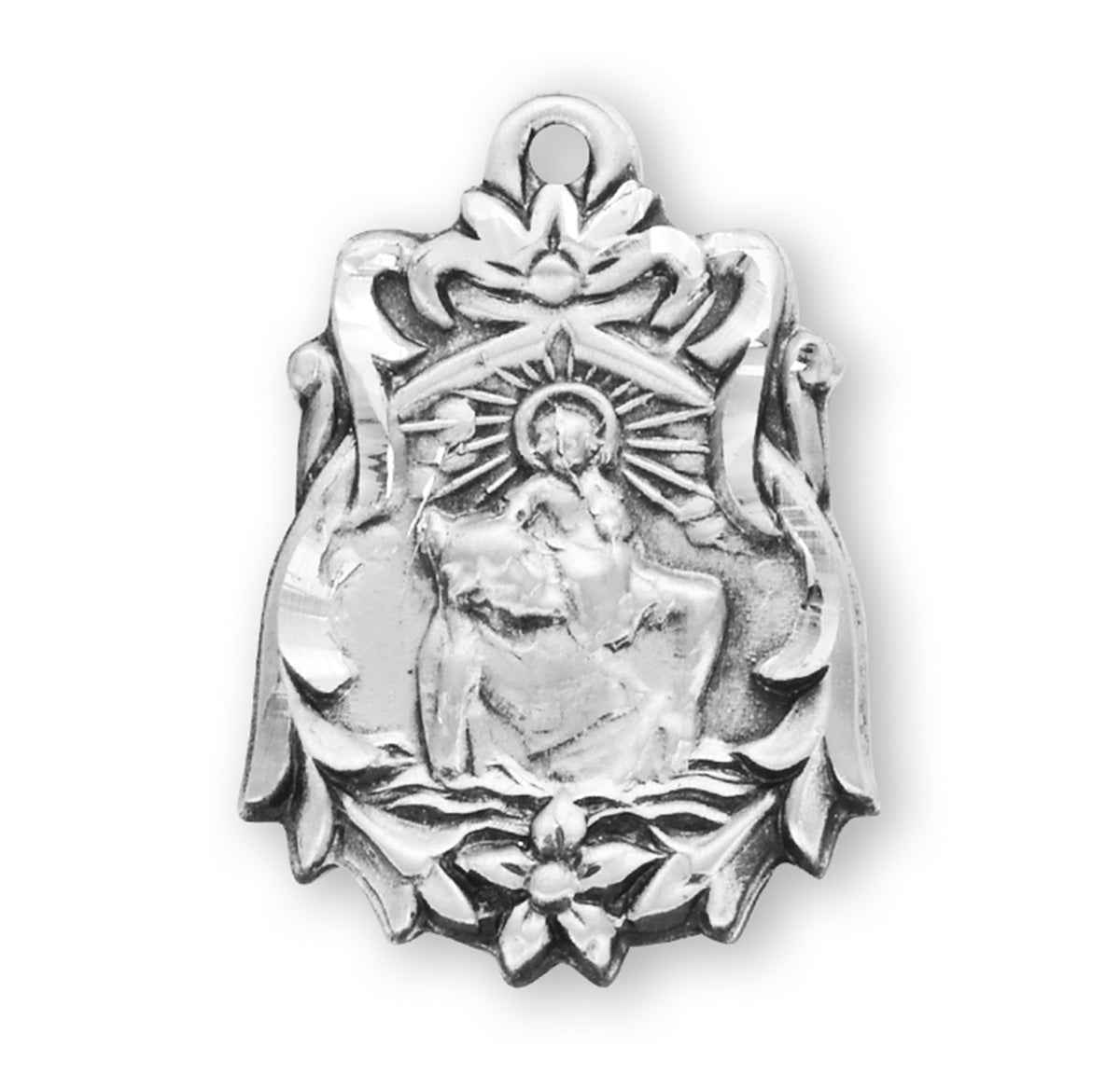 Saint Christopher Floral Bordered Medal Necklace, Sterling Silver