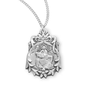Saint Christopher Floral Bordered Medal Necklace, Sterling Silver