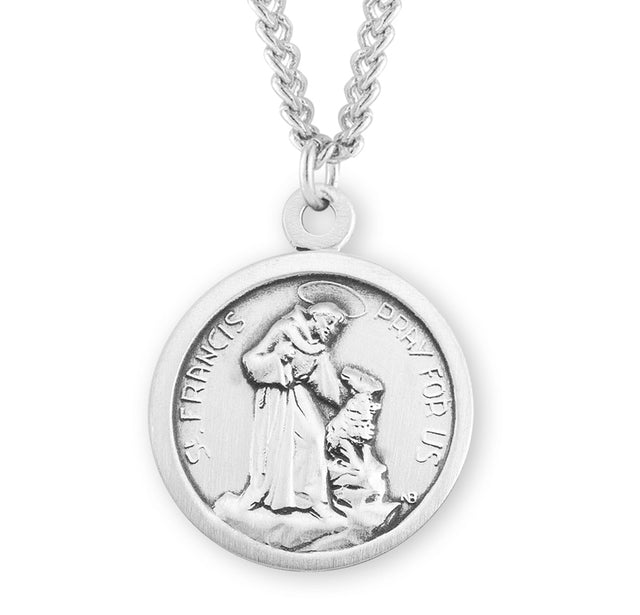 Large Saint Francis of Assisi Round Medal Necklace, Sterling Silver