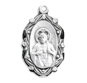 Ornate Scroll Border Sacred Heart of Jesus Scapular Medal Necklace, Sterling Silver