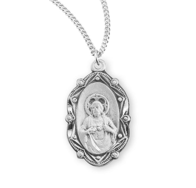 Ornate Scroll Border Sacred Heart of Jesus Scapular Medal Necklace, Sterling Silver