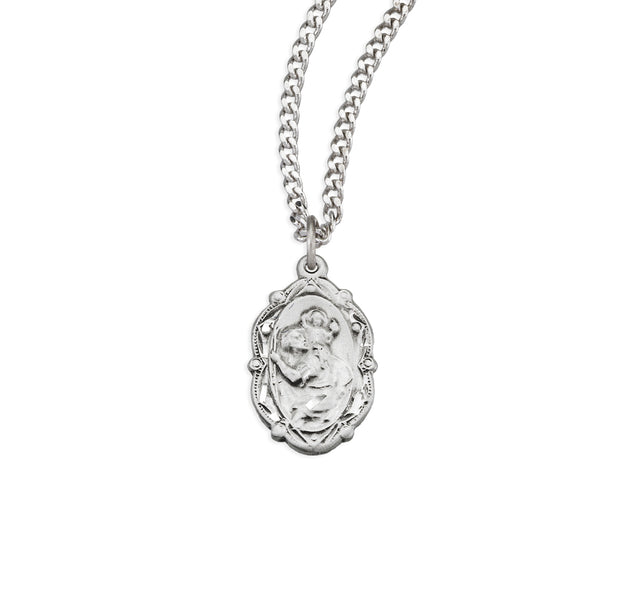 Saint Christopher Fancy Oval Medal Necklace, Sterling Silver