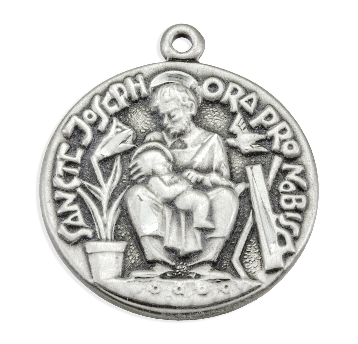 Saint Joseph Seated Medal Necklace with Infant Jesus, Sterling Silver