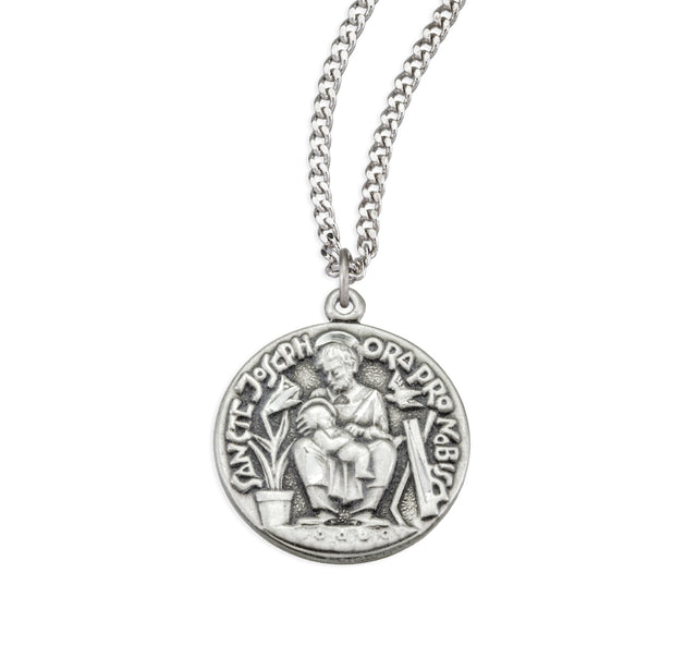 Saint Joseph Seated Medal Necklace with Infant Jesus, Sterling Silver