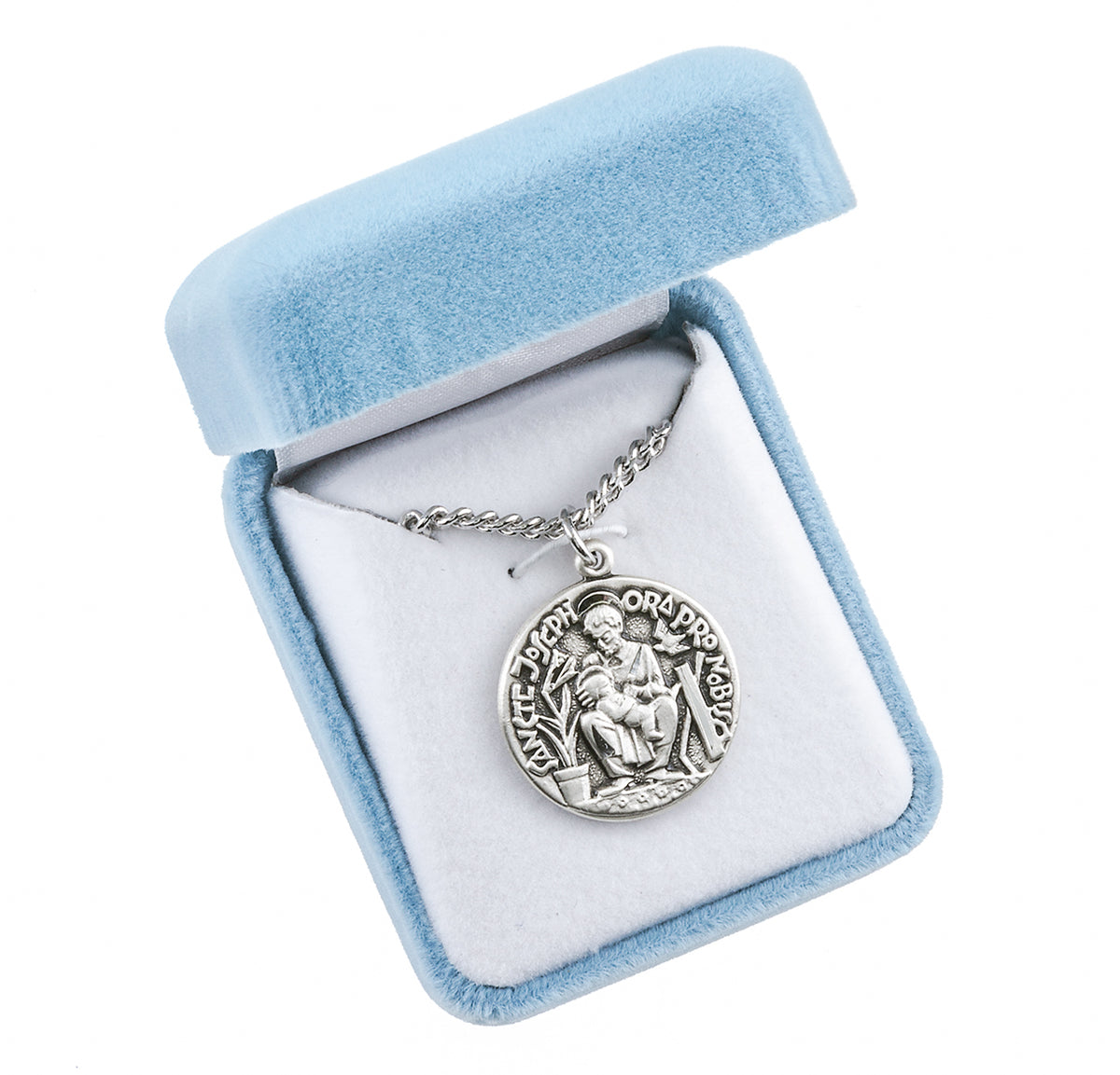 Saint Joseph Seated Medal Necklace with Infant Jesus, Sterling Silver