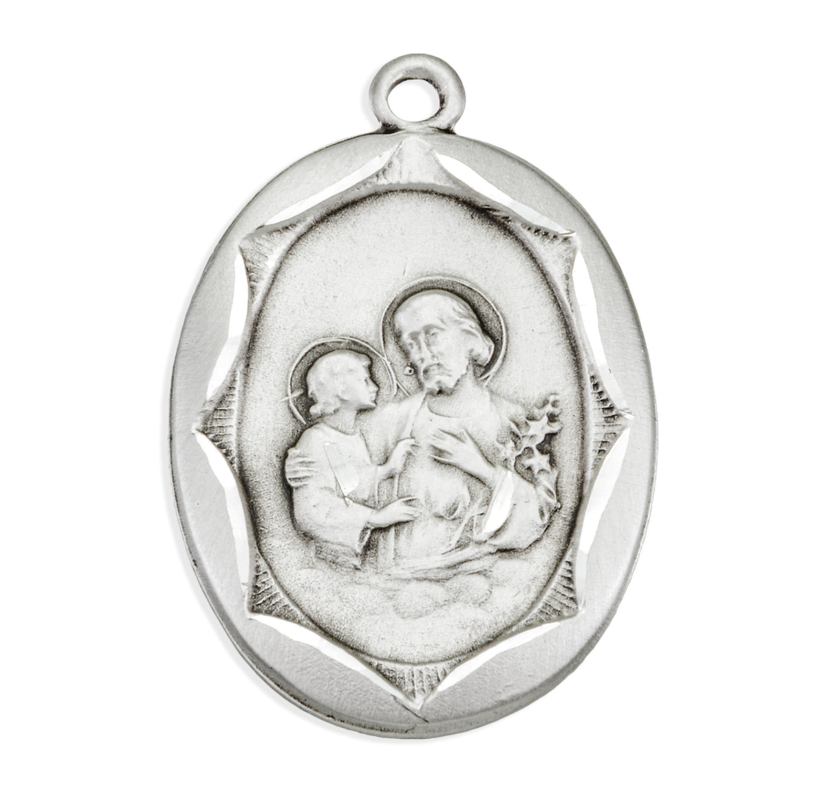 Saint Joseph Pendant Necklace with Scalloped Border, Sterling Silver