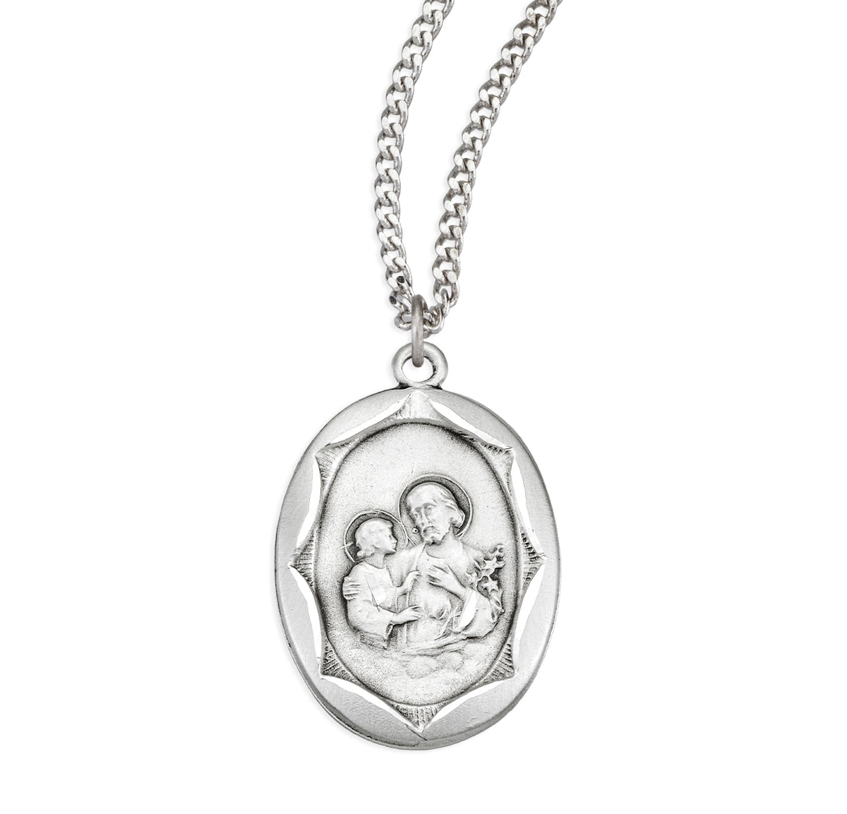 Saint Joseph Pendant Necklace with Scalloped Border, Sterling Silver