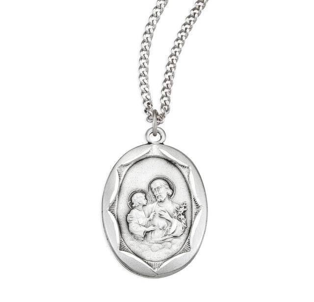Saint Joseph Pendant Necklace with Scalloped Border, Sterling Silver