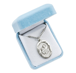Saint Joseph Pendant Necklace with Scalloped Border, Sterling Silver