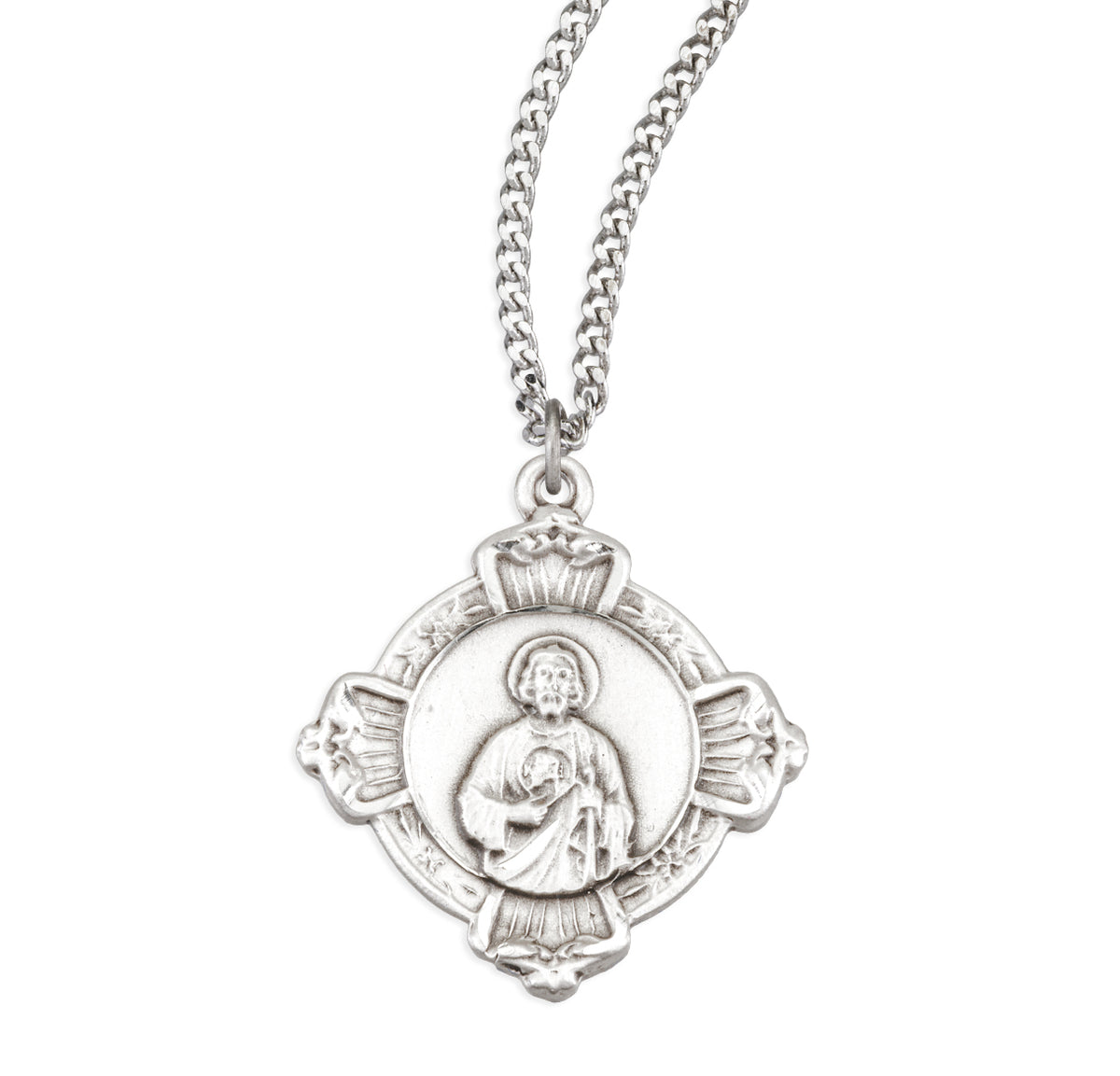 Saint Jude Medal Cross Necklace with Sacred Heart Back, Sterling Silver
