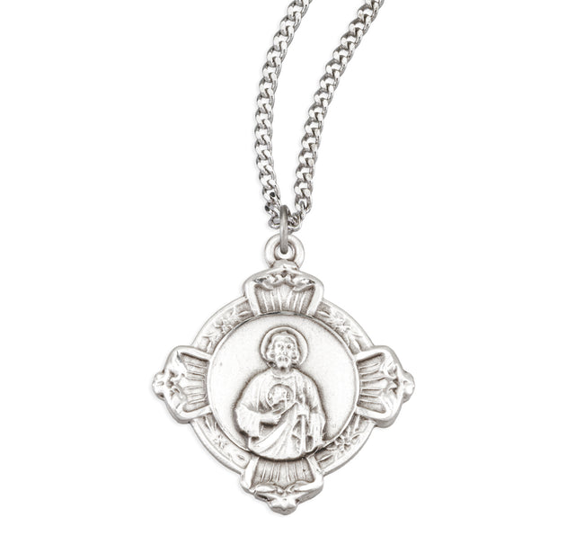Saint Jude Medal Cross Necklace with Sacred Heart Back, Sterling Silver