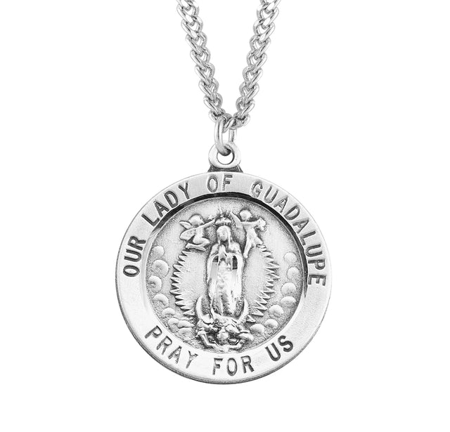 Our Lady of Guadalupe Pray for Us Round Medal Necklace, Sterling Silver
