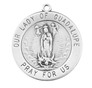 Heavy Large Our Lady of Guadalupe Round Medal Necklace, Sterling Silver