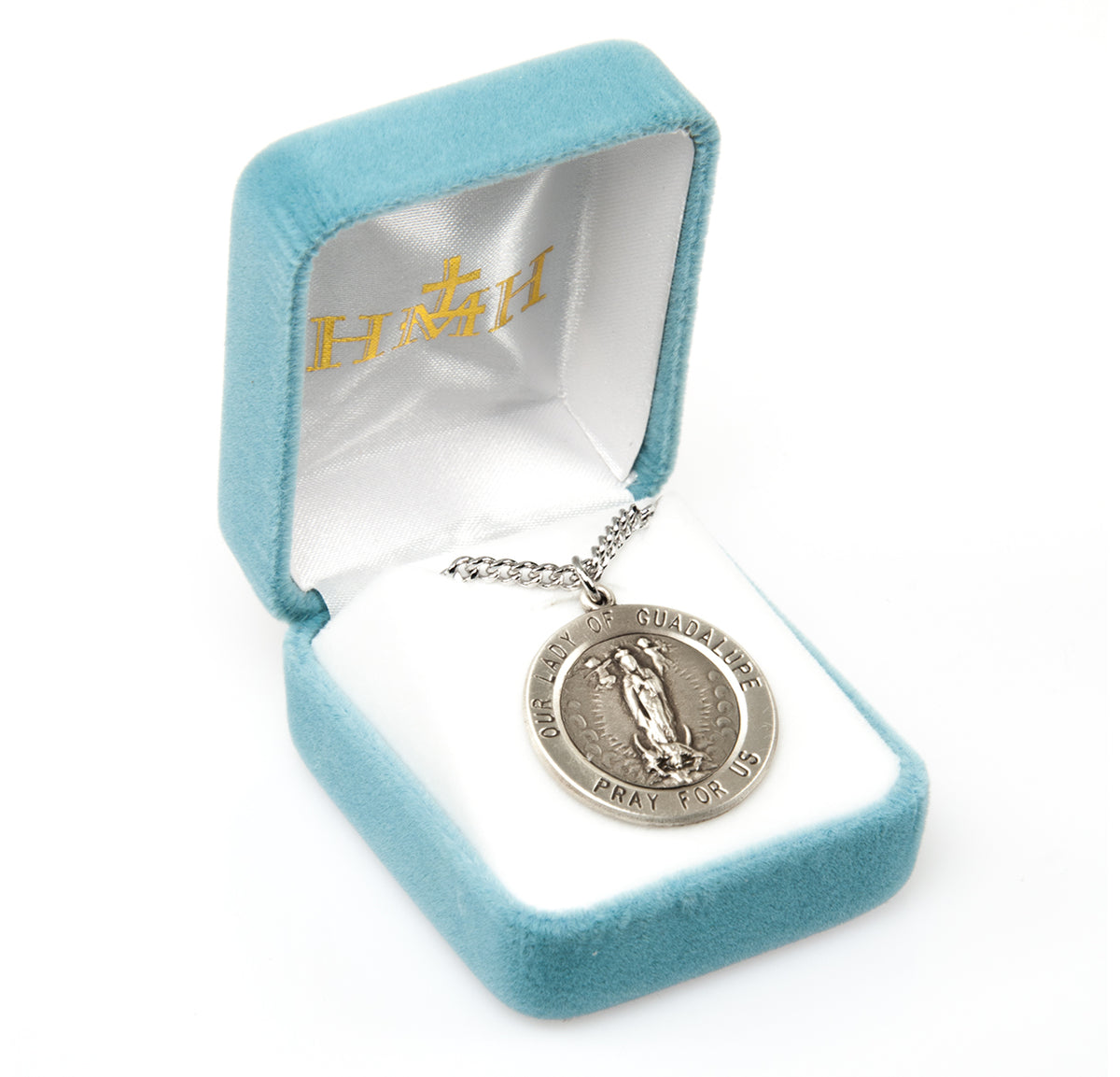 Heavy Large Our Lady of Guadalupe Round Medal Necklace, Sterling Silver