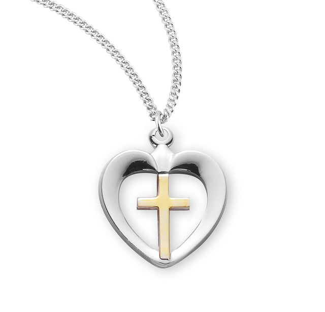 Two-Tone in Heart Cross Necklace, Sterling Silver