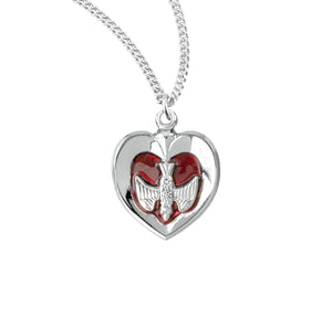 Holy Spirit Inlaid Heart Pendant Necklace with Red Enamel, Sterling Silver