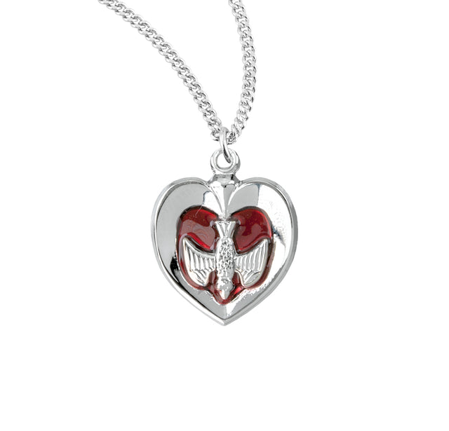 Holy Spirit Inlaid Heart Pendant Necklace with Red Enamel, Sterling Silver